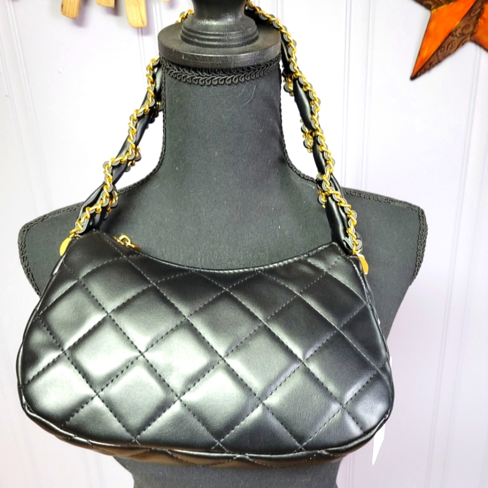 Urban expressions black quilted shoulder bag gold tone metal accent
